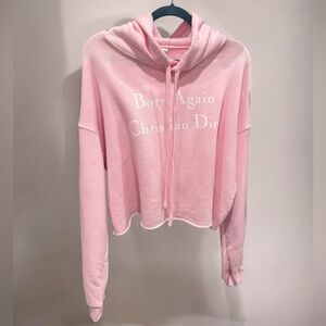 “Born Again Christian Dior” Pink Cropped Hoodie M NWOT